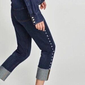Zara Jeans Dark Blue Denim Pearl Embellished Straight Cuffed Hem